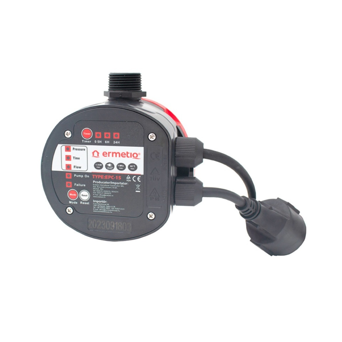 Prietokový spínač BAR-EPC15, nastaviteľný štart 1,2–2,5 bar/10 A – 1,1 kW