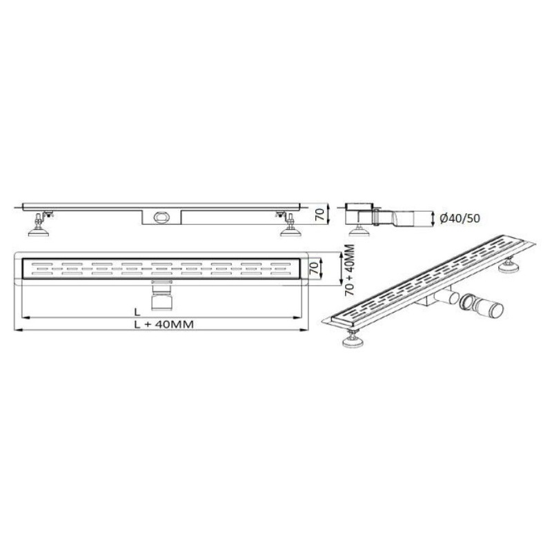 Lineárny sprchový žľab 800mm x 70mm CLASIC, nerezové teleso a rošt