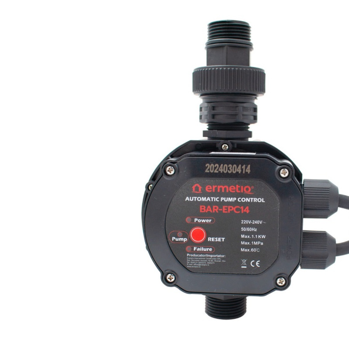 Prietokový spínač BAR-EPC14, nastaviteľný štart 1,2–2,2 bar/10 A – 1,1 kW
